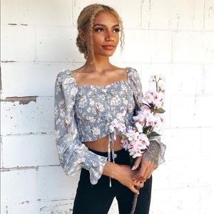Ruched long sleeve blue top